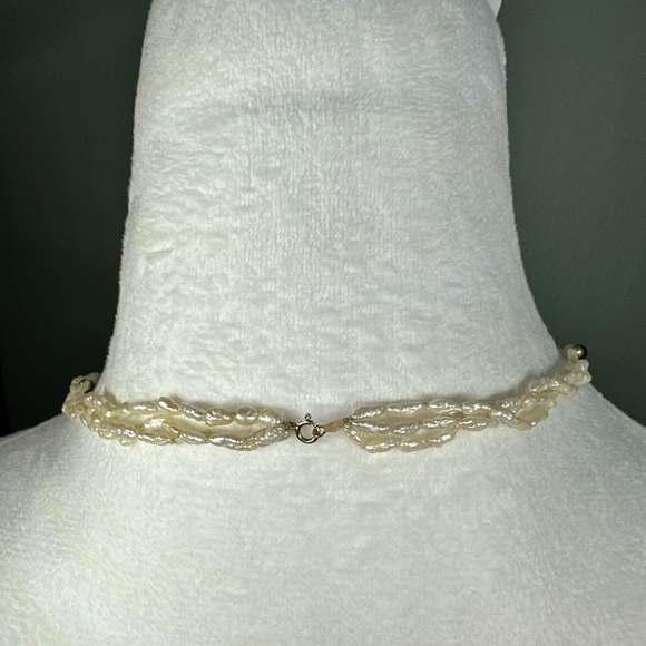 Vtg 14K Yellow Gold 3mm Beads 2mm Freshwater Pearl Onyx Bead 3 Strand Necklace - Picture 2 of 5